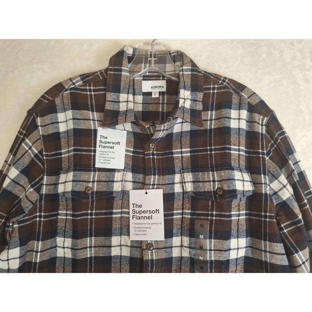 Sonoma Shirt Mens M Brown Plaid Supersoft Flannel Button Up Long Sleeve NWT